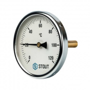 Термометр биметаллический аксиальный STOUT - 1/2" (D100мм, шкала 0-120°C, с погружной гильзой 50 мм)