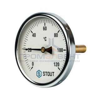 Термометр биметаллический аксиальный STOUT - 1/2" (D80 мм, шкала 0-120°C, с погружной гильзой 50 мм)